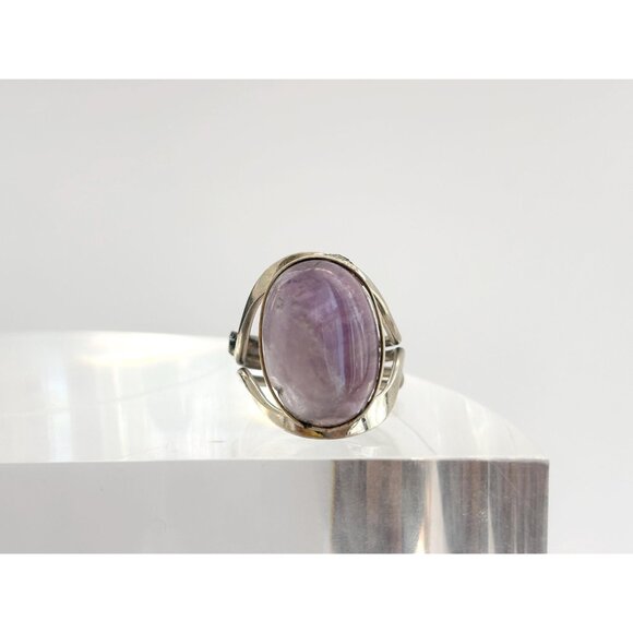 Domed Amethyst Semi-Precious Silver Adjustable Southwest Vintage Ring - sz 8 - Picture 9 of 9